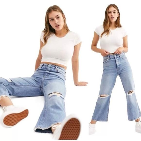 Free People Denim - Free People We The Free Ranger Wide Leg Cropped Ripped Jeans, Sky Sz 26